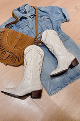 New Fashion Spring Outfit White Embroidery Pointed Western Cowboy Boots